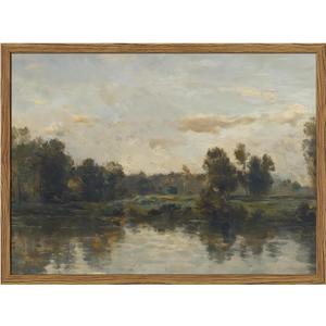 Vintage Cottagecore Wall Art, Rustic Lake Landscape Wall Decor Paintings, Retro River Trees Poster Canvas Prints Artwork Picture for Living Room Bedroom Farmhouse 16x24 inch Wood Framed