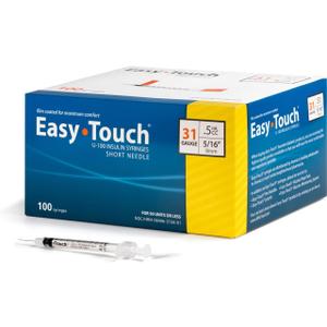 EasyTouch U-100 Insulin Syringe with Needle, 31G 0.5cc 5/16-Inch (8mm), Box of 100