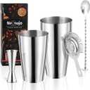 Boston Cocktail Shaker Set, 4-Piece Bar Tools Set, Professional Bar Set with Boston Shaker, Bar Spoon, Jigger, Hawthorne Strainer, Stainless Steel, Dishwasher Safe, Ideal Bartender Kit for Bar (Silver)
