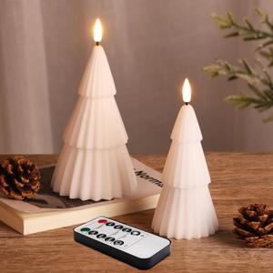 White Christmas Tree Flameless Candles with Remote, Real Wax Flickering Xmas LED Decorative Candles Set of 2