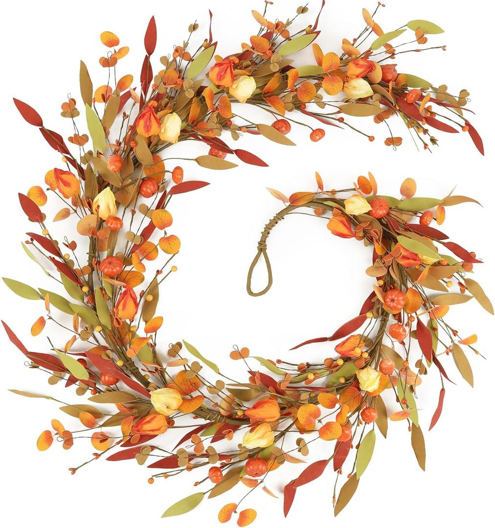 Fall Decor, Fall Garland, 6FT Autumn Eucalyptus Leaves Pumpkin Harvest Festival Thanksgiving Christmas Hanging Garlands for Home Wedding Mantle Indoor Window Wall Arch Background Decoration