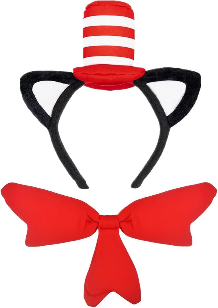 HIPIHOM Cat Ears Headband with Hat Red and White Striped Hat and Bow Tie Set Cat and Hat Costume Headwear Accessories for Women Men Halloween Party Favors
