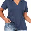 Plus-Size-Summer-Tops for Women Casual Collared V Neck Polo Shirts Business Pleated Tunics Trendy Short Sleeve Blouses (Blue, XXL)