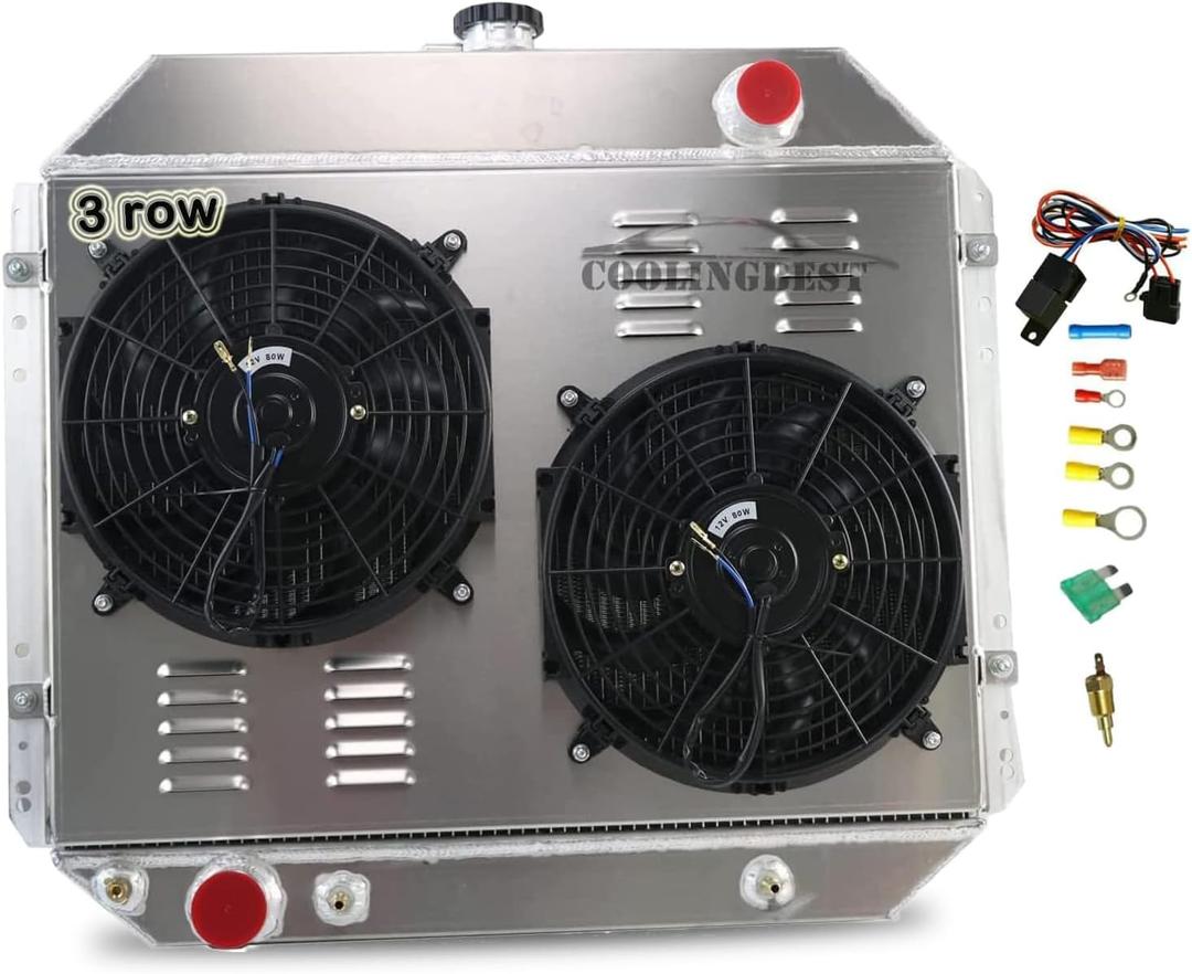 3 Row Aluminum Radiator for 1966-1979 Ford F100 F150 F250 F350 Bronco Truck 2.8-7.5L V8 Radiators with Electric Fan Shroud Thermostat Kit 1968 1969 1970