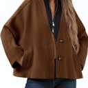 Yousify Womens Cropped Wool Blend Pea Coat Casual V Neck Button Down Short Jackets Fall Shackts with Pockets (Medium, Brown)