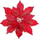4 Pcs Poinsettia Artificial Christmas Flowers - 11.8" Christmas Flower Picks Large Red Glitter Ornaments Silk Floral Stems with Clips for Xmas Tree Decoration Wreath Garland Fireplace Stairs Decor