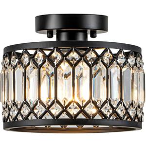 Crystal Ceiling Light, Black Flush Mount Ceiling Light Fixture, Flush Mount Chandelier, light Fixture for Hallway, Entryway, Bathroom; Laundry Room, Kitchen, 1 light, 9 Inch (Bulb NOT included)