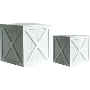 COLLECTIVE HOME - Wood Storage Ottoman, Rustic Storage Stool, 2 Pack Cube Seat Foot Rest Stool, Accent Side Table, Metal Storage Bin for Living Room Furniture, 16"/12" (White, barn Door)