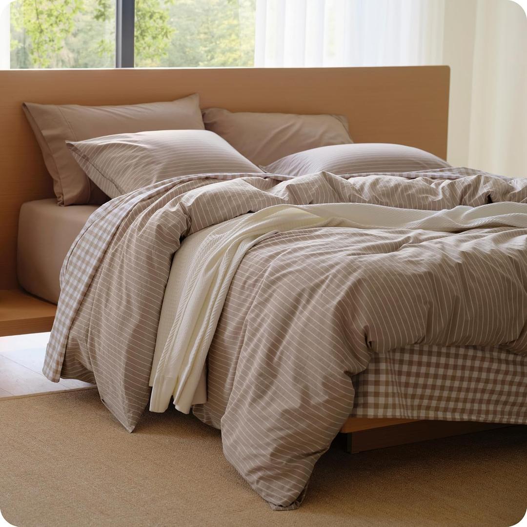 Bedsure Striped Duvet Cover Queen, 100% Washed Cotton Duvet Cover LinenLike, PureWoven with Reversible YarnDyed Design & DoubleStitch Craft, 3-Piece with Zipper, Stripes Light Brown, 90"x90"