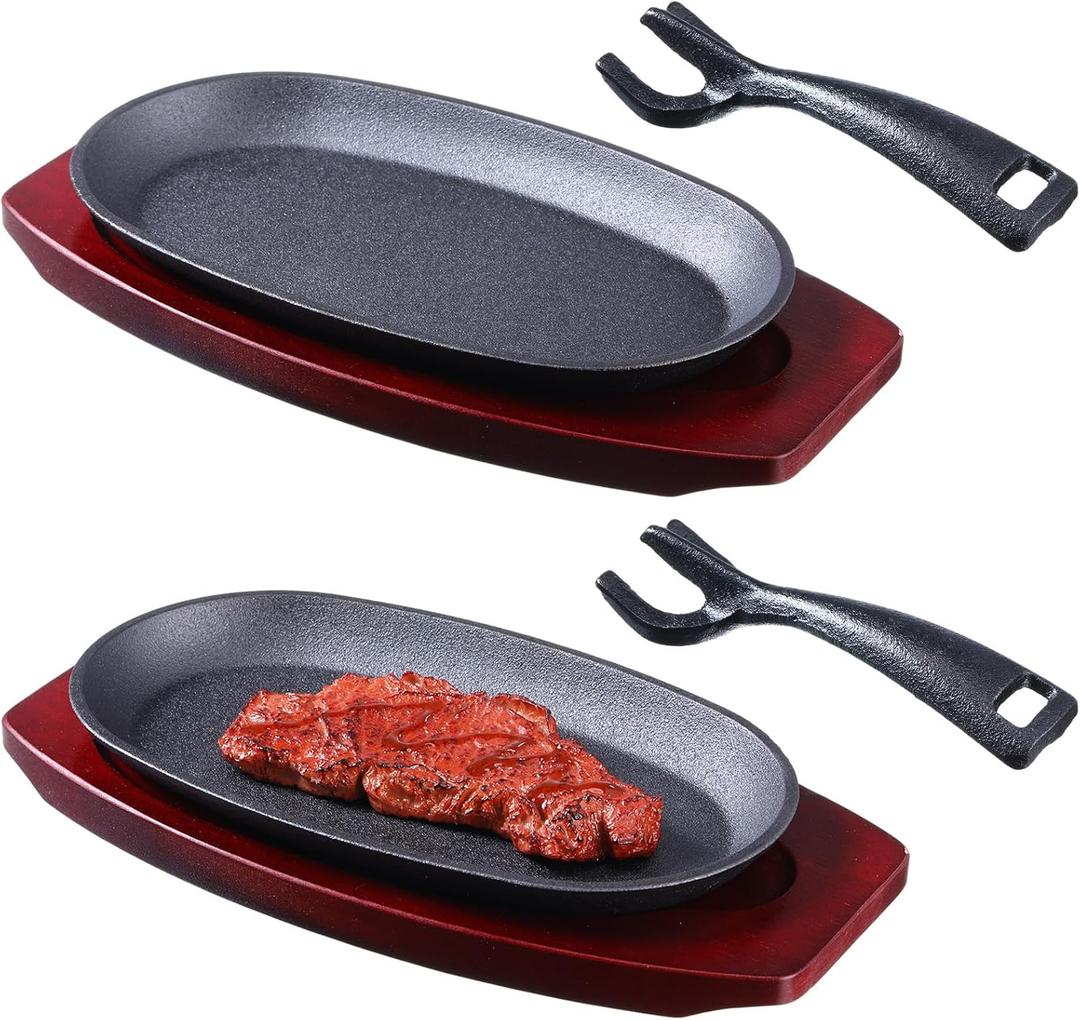 Mifoci 2 Pcs Oval Cast Iron Fajita Skillet Pan Set Small Sizzling Steak Plate with Wooden Base and Handle Cast Iron Fajita Skillet Sizzling Plate for Restaurant BBQ (9.5 in x 5.5 In)