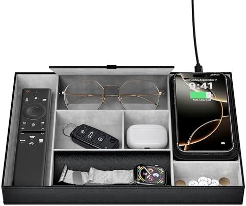 Valet Tray with Wireless Charger, Nightstand Organizer, Leather Desk Drawer Organizer Tray with 7 Compartments for Jewelries, Watch, Key, Wallet, Phone, Black