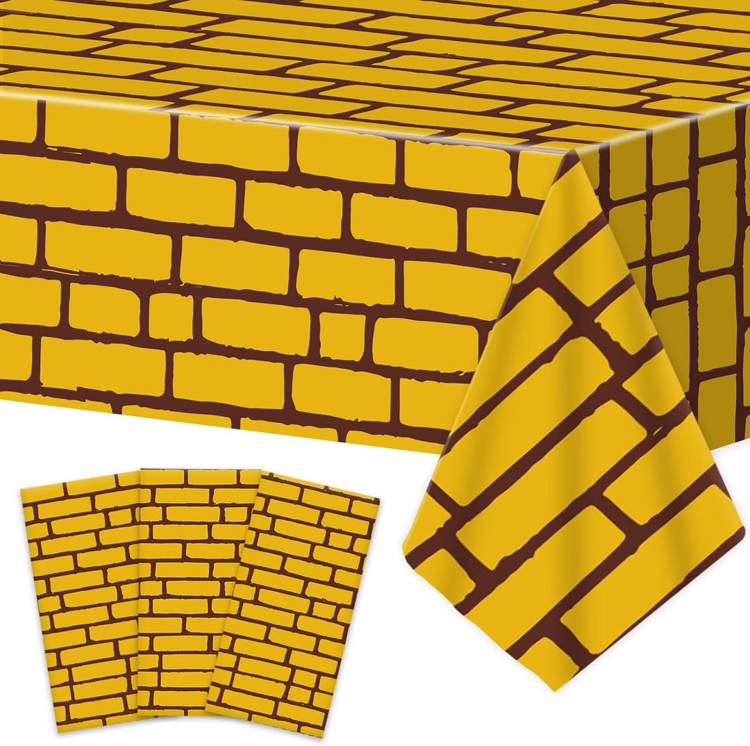 3 Pcs Yellow Brick Road Tablecloths Witch Theme Party Decorations Princess Birthday Table Covers Medieval Stone Wall Backdrop Plastic Disposable Rectangle for Birthday Party Supplies 108 x 54 Inch