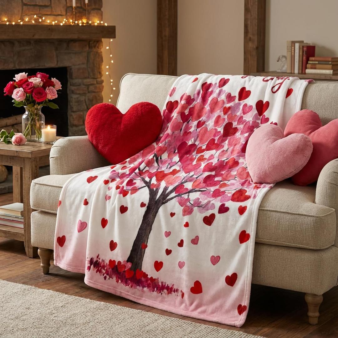 Horaldaily Valentine Flannel Blanket Throw, Valentine Love Hearts Tree Soft Fuzzy Plush Cozy Fleece Blankets for Couch Sofa Bed Lounging, Ideal Gifts for Kids Adults Wife Self, 50x60 (Pink)