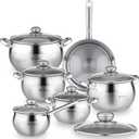 Daniks Classic 12-Piece Stainless Steel Cookware Set with Glass Lids, Includes Saucepan and Frying Pan with Lid, Tri-Ply Bases for Even Heating, Induction Compatible, Dishwasher Safe, 12-pcs Set