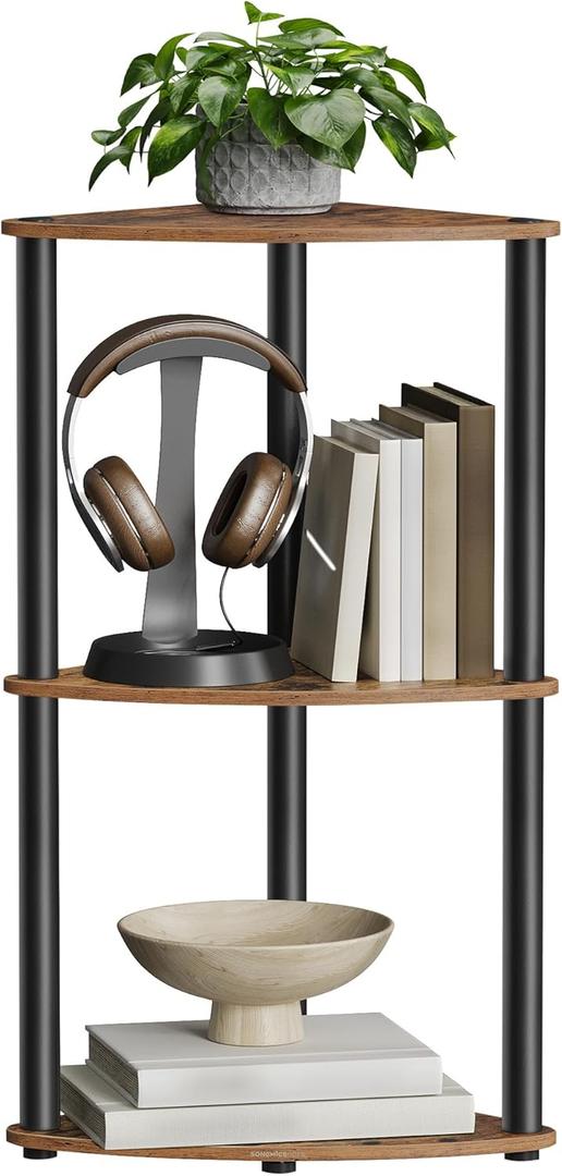 SONGMICS HOME Superfast Toolless Assembly, Corner Shelf Stand, 3-Tier Corner Standing Shelf, Living Room, Bedroom, Kitchen, 15 x 10.6 x 27.8 Inches, Rustic Brown ULBC620K01