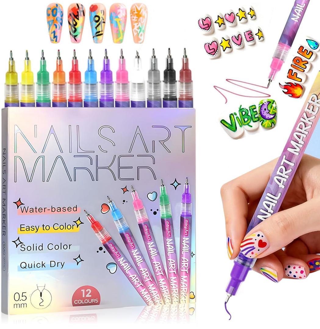 Nail Art Pens Set -Colors Nail Art Markers with 0.5mm Fine Nib, Quick Dry Graffiti Dotting Pen for DIY Gel Nail Art Design, Manicure Beauty Tools (12 Color)