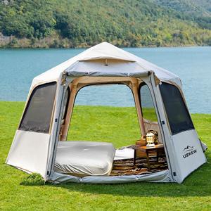 Hexagon Inflatable Camping Tent, 1-2 Person 2 Doors 4 Mesh Windows Quick Setup Blow Up Tent Air Glamping Tents Big Large Waterproof Windproof, 4 Season for Outdoor Camping Adult Manual Pump