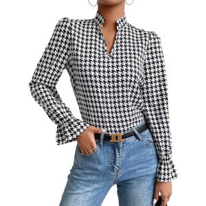 Floerns Women's Houndstooth Print Notched V Neck Long Sleeve Casual Blouse Tops (Medium, Black and White)