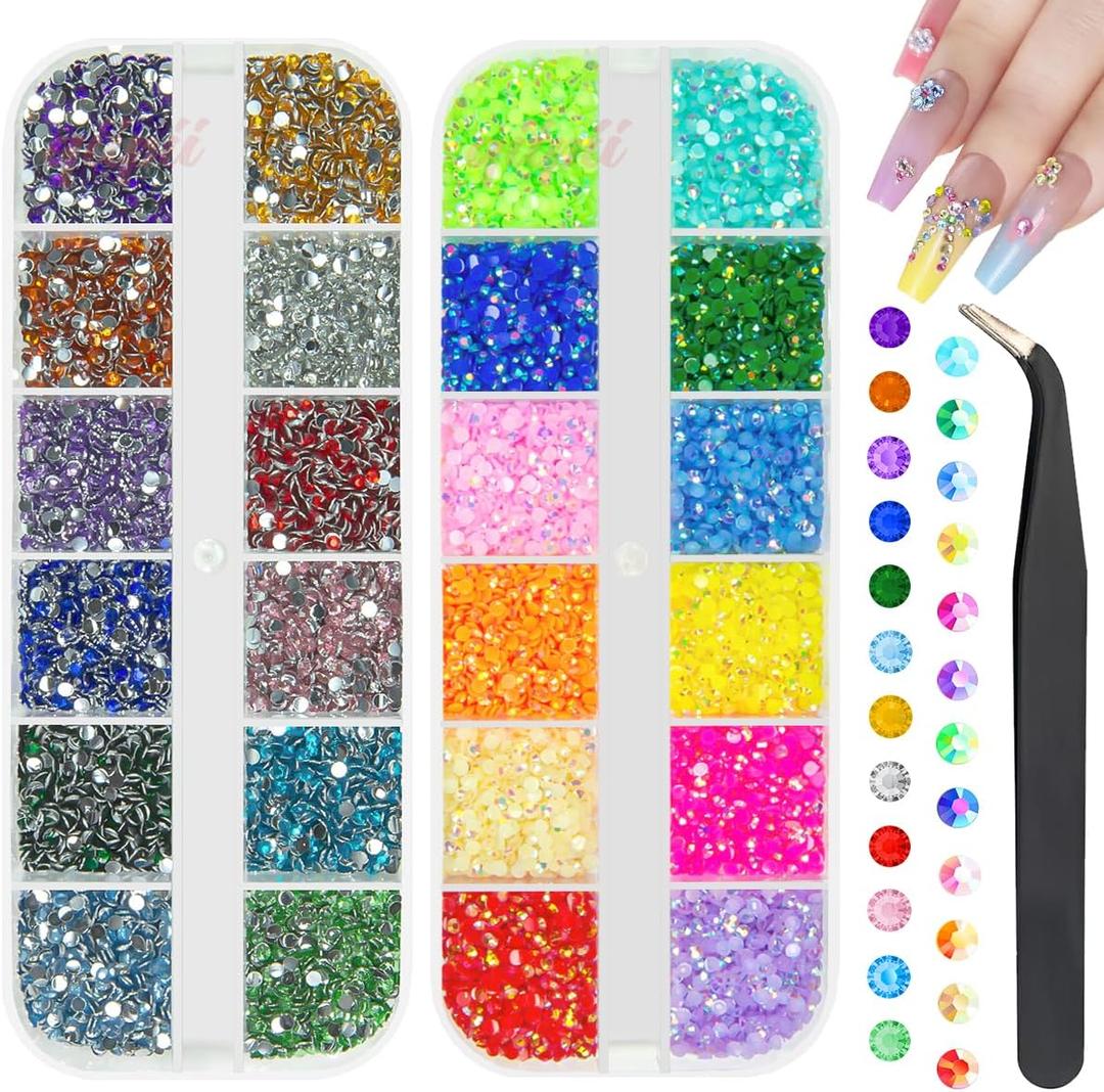 qiipii 24 Color 2mm Small Resin Rhinestones for Bedazzling Crafting SS6 Tiny Flatback Stones Colorful AB Jelly Craystal Gems Diamonds Charms for Nails Eyes Face Makeup Tumblers Bottles Crafts Shoes