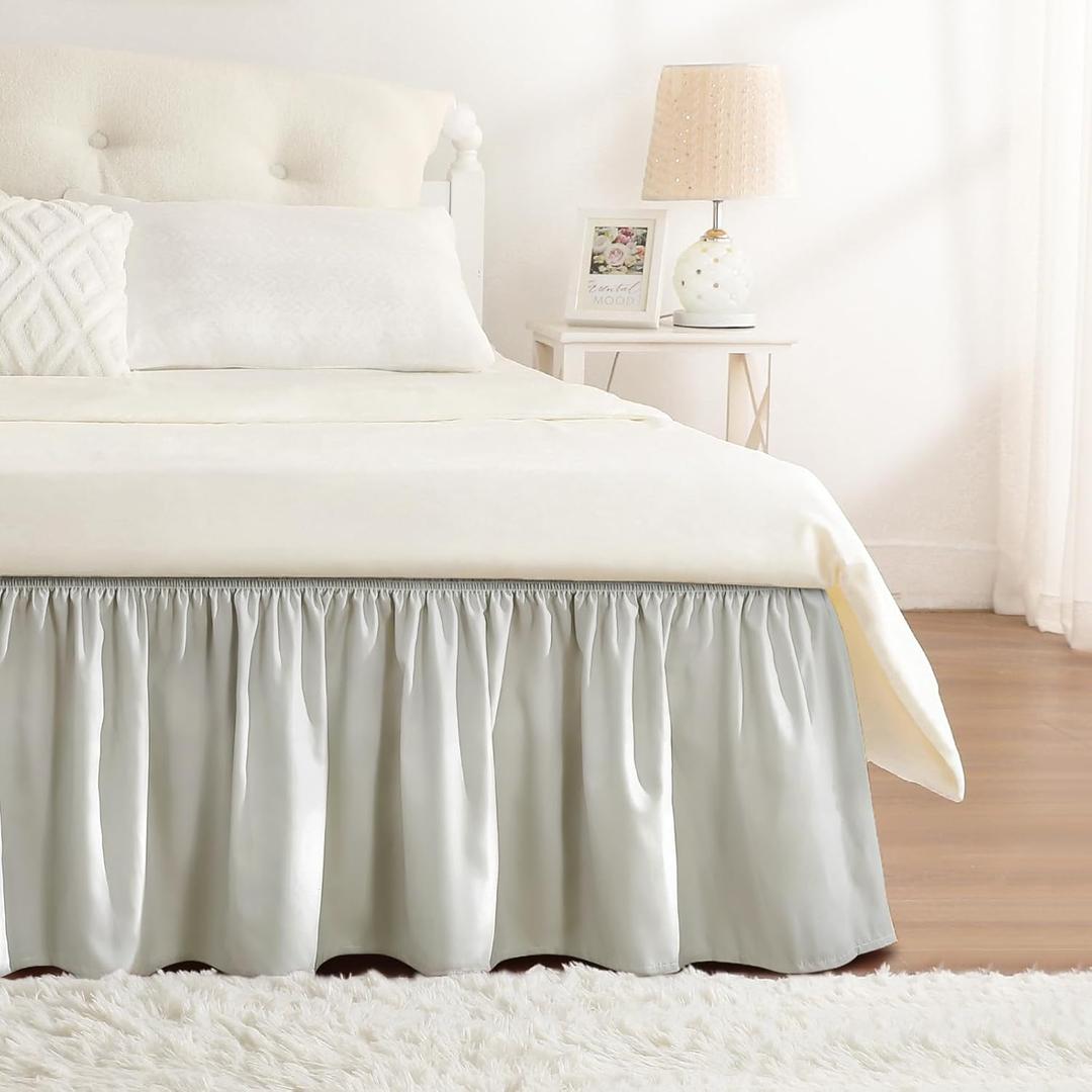 RIMELA Light Grey Bed Skirt Queen Size 15 Inch Drop, Wrap Around Elastic Bedskirt, Dust Ruffle for Adjustable Bed Base Machine Washable Easy to Install Bed Skirts