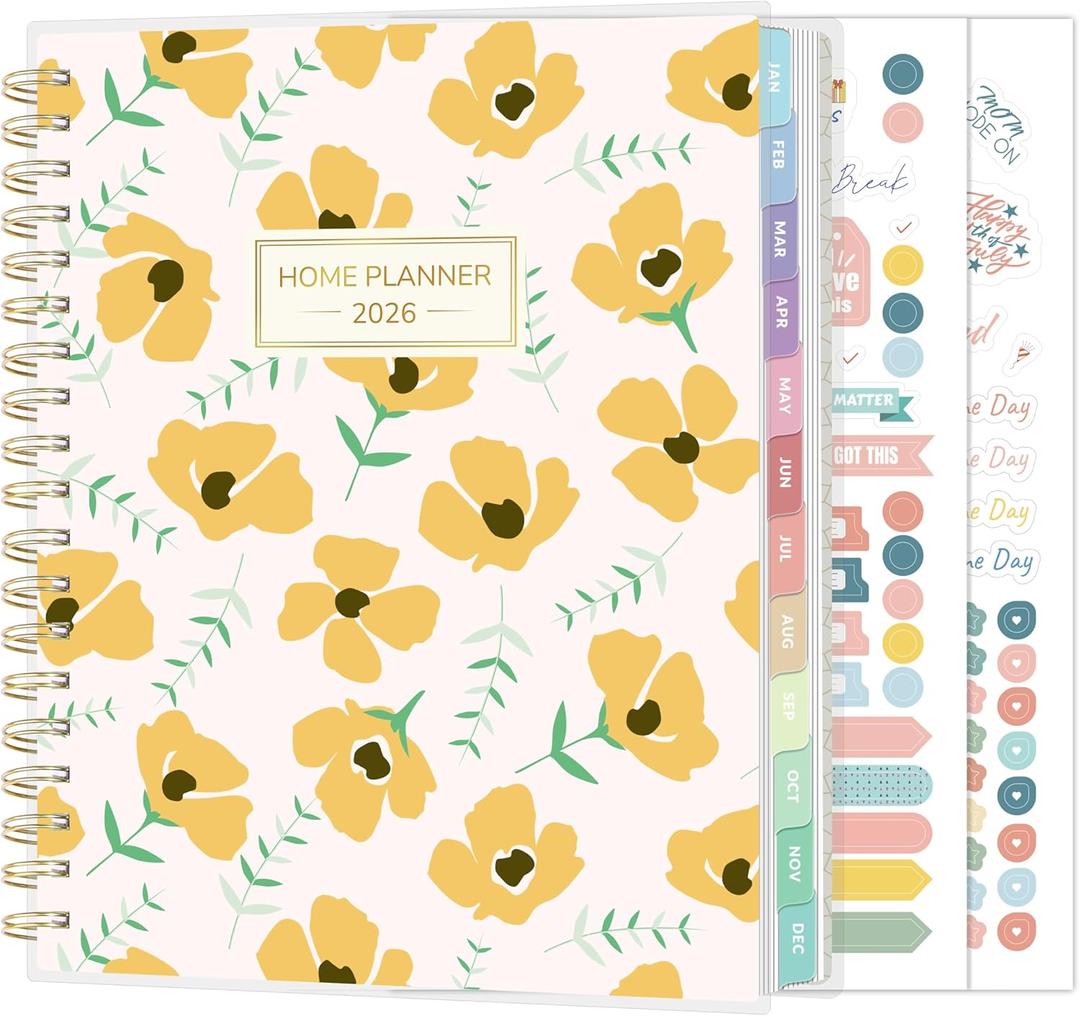 SUNEE Home Planner 2026, Work from Home Planner w/Stickers, JAN 2026 - DEC 2026, Monthly Budget Planner, Checklists for Routines and Goals, Weekly Calendar, Gift-Ready Pack, Poly Laminated Cover, Poppy