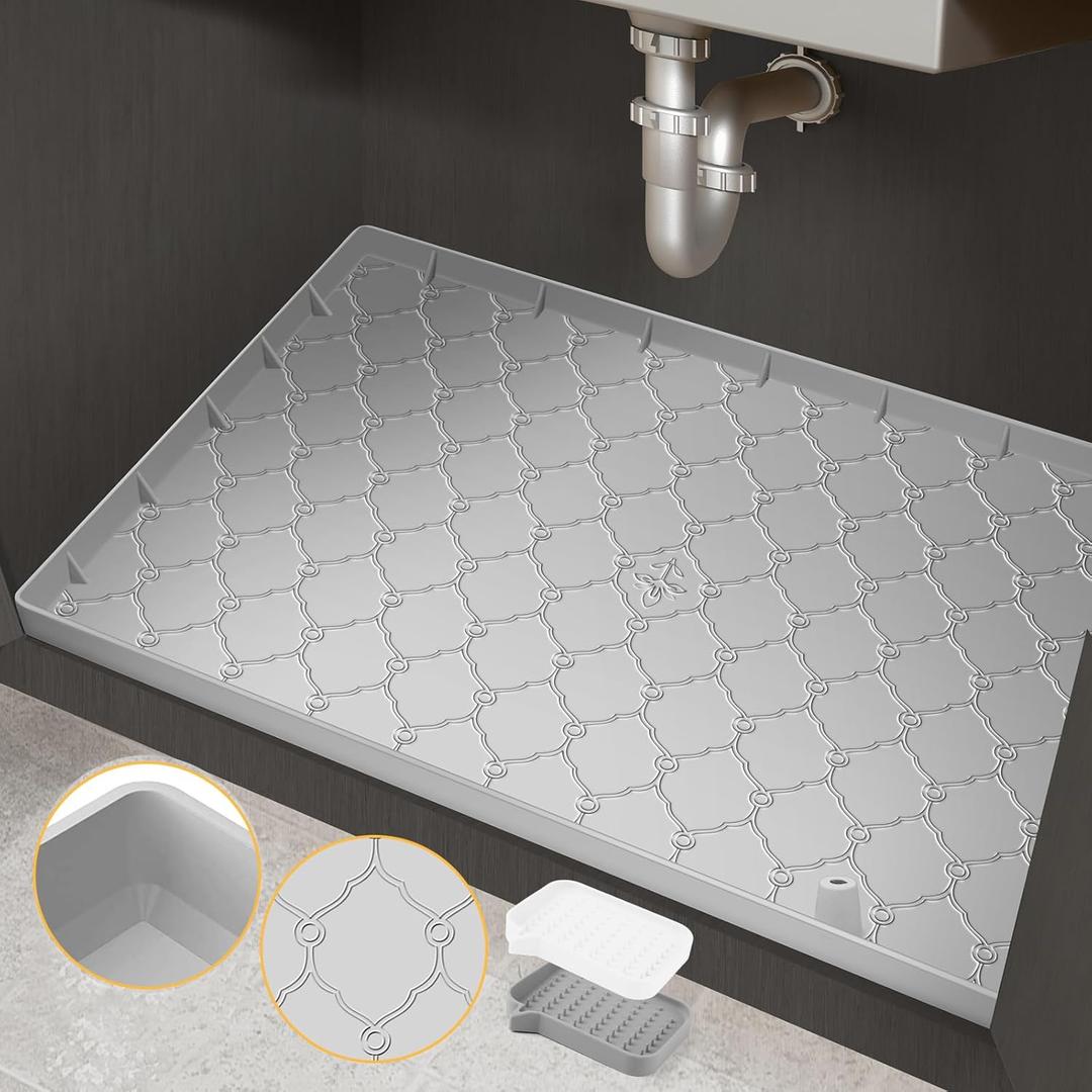 Under Sink Mat, 34x22 Silicone Under Sink Mats for Kitchen Waterproof, Thick Under Sink Liner with Drain Hole, Bathroom Under Sink Tray, Undersink Mat Cabinet Protector for Leaks Spills (34" x 22", Gray)