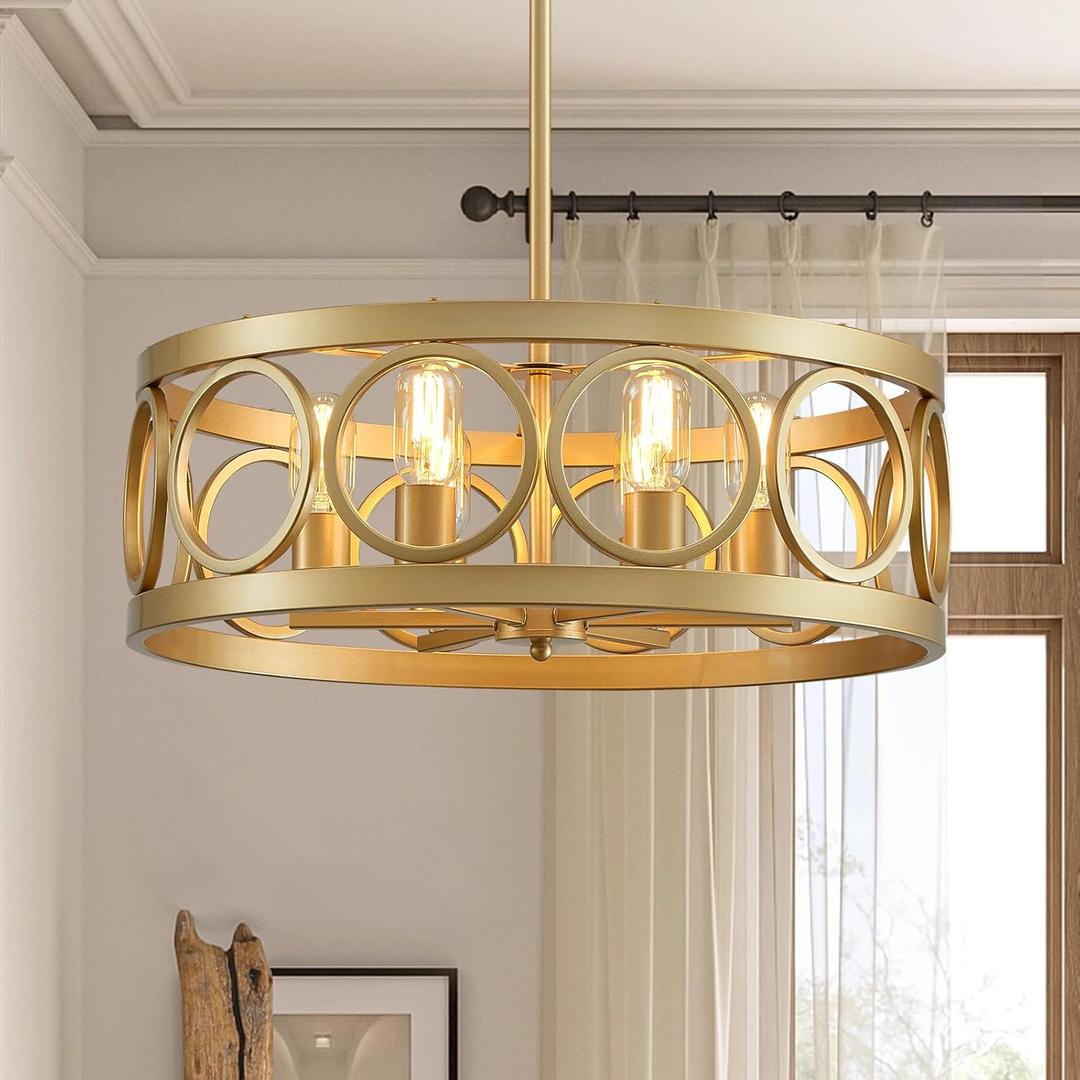 Gold Dining Room Light Fixture Drum Chandeliers, 6-Light Modern Light Fixtures for Living Room Kitchen Entryway Bedroom Foyer Hall, 22'' Metal Round Hanging Chandelier Farmhouse Pendant Light