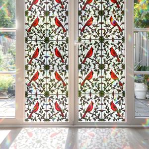 2PCS 17.7x39.4inch Cardinal Stained Glass Window Film, Cardinal Stained Glass Window Film for Bathroom Door Heat Anti UV