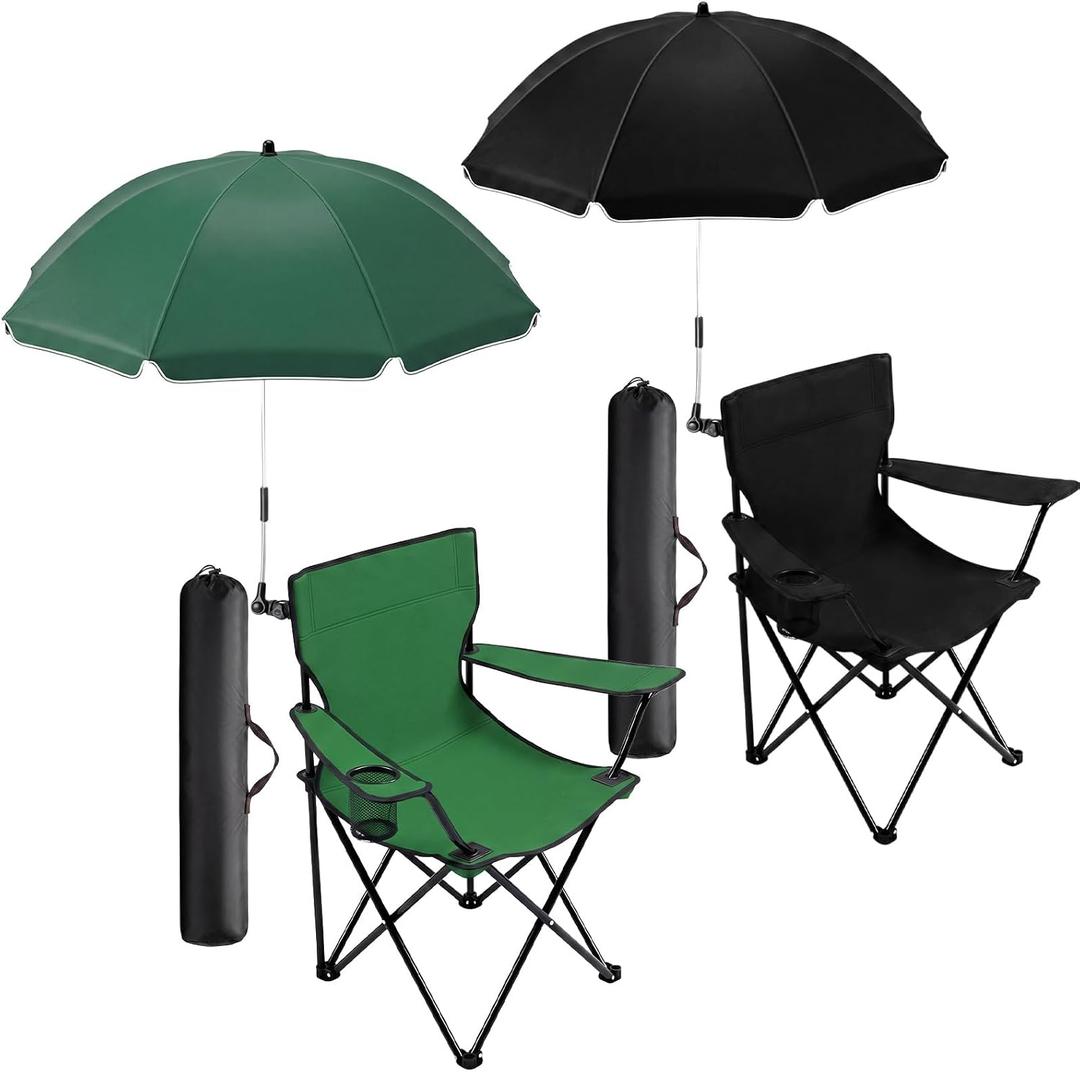 2 Pack Beach Chair with Umbrella Folding Camping Beach Chairs with Canopy Portable Chairs with Cup Holder Carrying Bag for Camping Hiking Travel Picnic Outdoor Events (Black and Green), 30.7 x 18.9 x 19.7 inches