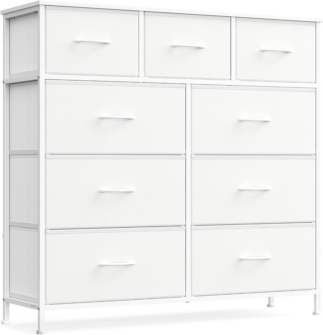 SONGMICS Dresser for Bedroom, Chest of Drawers, Steel, MDF, 9 Non-Woven Fabric Drawers, Storage Organizer Unit, Closet, Entryway, Cloud White and Snow White ULGS324WH01