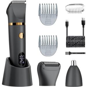 Ball Shaver for Men, 3-in-1 Multifunction Body Hair Trimmer & Pubic Shaver with Titanium Blades (No Nicks!), IPX7 Waterproof Electric Razor, LED Display, Wet/Dry