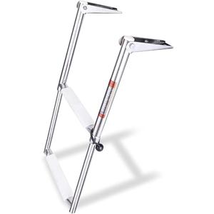 Young Marine 2 Steps Stainless Steel Drop Down Telescopic and Folding Boat Ladder with White Plastic Footboard,Over Platform Mounting