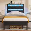 Furnulem Twin Bed Frames with Charging Station and LED Lights, Twin Size Platform Bed with Metal Slats, Wood Headboard with 2-Tier Storage Shelves, No Box Spring Needed, Black Oak