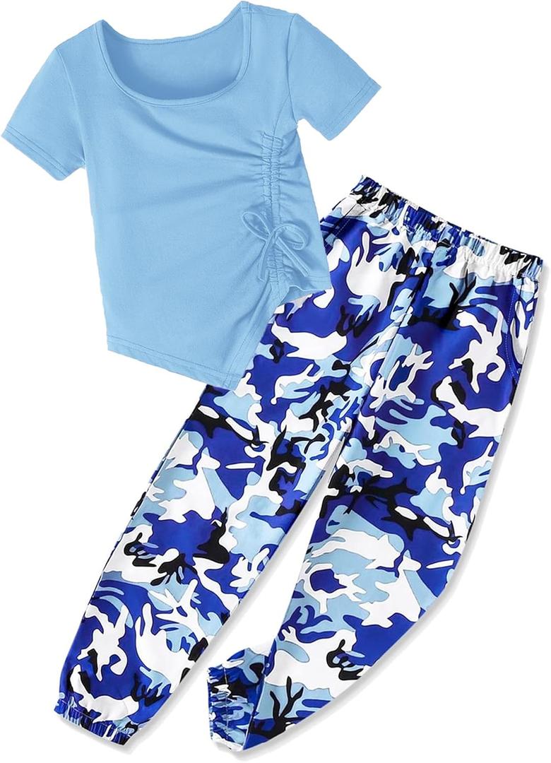 Girls Clothes Size 8 Irregular Ruched Drawstring Short Sleeve Top and Camouflage Pants 2Pcs Girls Camo Outfits Sets (Blue)