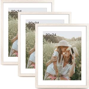 Momentworth 20x24 Picture Frame with Mat for 16x20 Set of 3, Rustic White Wood Grain 20x24 Frame for Wall Mounting (3 Pack, White)