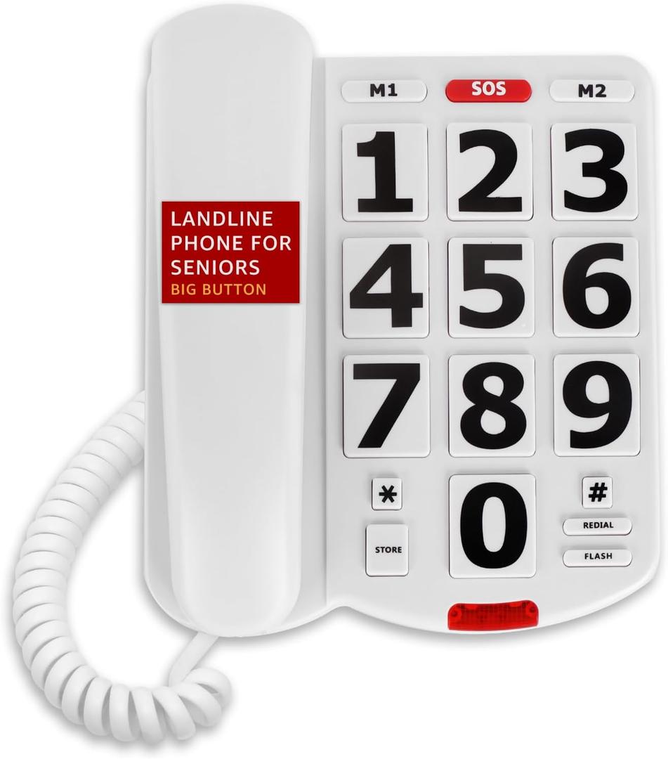 Uvital Big Button Phone for Seniors, Landline Phone for Elderly with Big Buttons, 2 One-Touch Speed Dial Keys & an SOS Emergency Button, Visual Ringer, Adjustable Volume