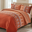 WONGS BEDDING 3 Pieces Quilt Set Queen Size, Burnt Orange/Rust Quilt Bedspread Lightweight Bohemian Coverlet Set with 2 Pillowcase, Soft Pumpkin Geometry Printed Bedding Set for All Season 96"×90"