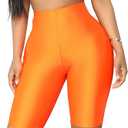 SUNFEXOY Biker Shorts for Women,High-Waisted Shiny Neon Bright Active Workout Yoga Pants Running Shorts Knee Length (Pink, L)