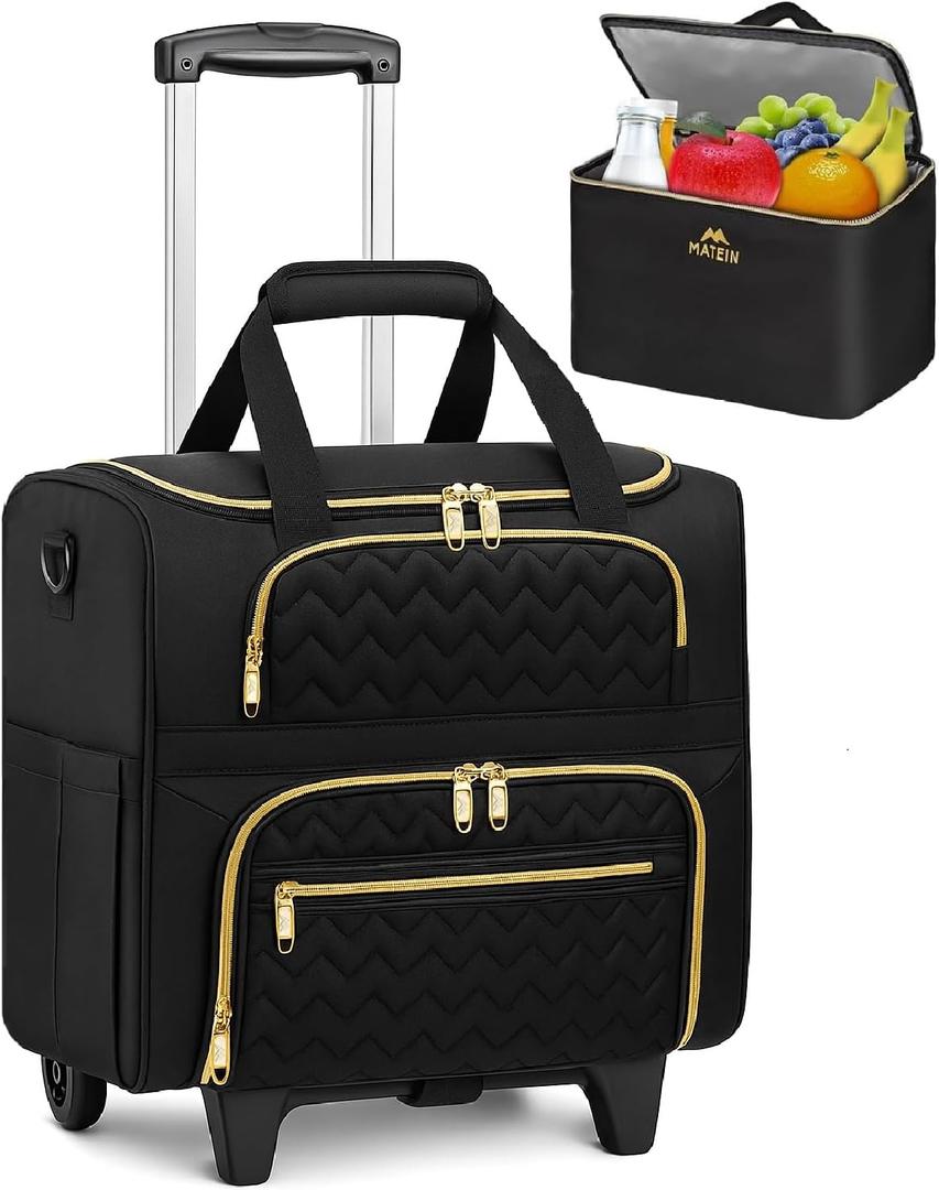 MATEIN Rolling Laptop Bag for Women, 15.6 Inch Rolling Briefcase with Wheels &Detachable Cart, Roller Computer Teacher Tote Bag with Insulated Lunch Box for Nurse Work Business Office, Deep Black