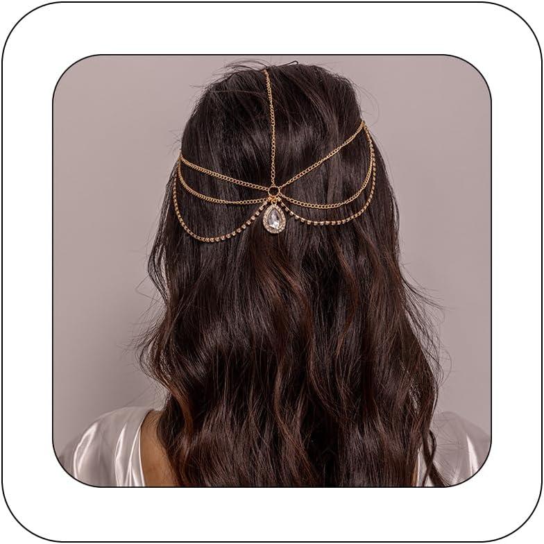 Bethynas Boho Rhinestone Water-drop Head Chain Crystal Drop Pendant Forehead Headpiece Bridal Wedding Prom Hair Accessories for Women Girls