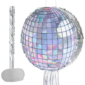 WERNNSAI Disco Ball Piata - Disco Party Decoration for Adult Birthday Party Supplies Hanging Disco Piata with Bat Blindfold Mirror Roller Skating Pull String, 12.2 x 12.2