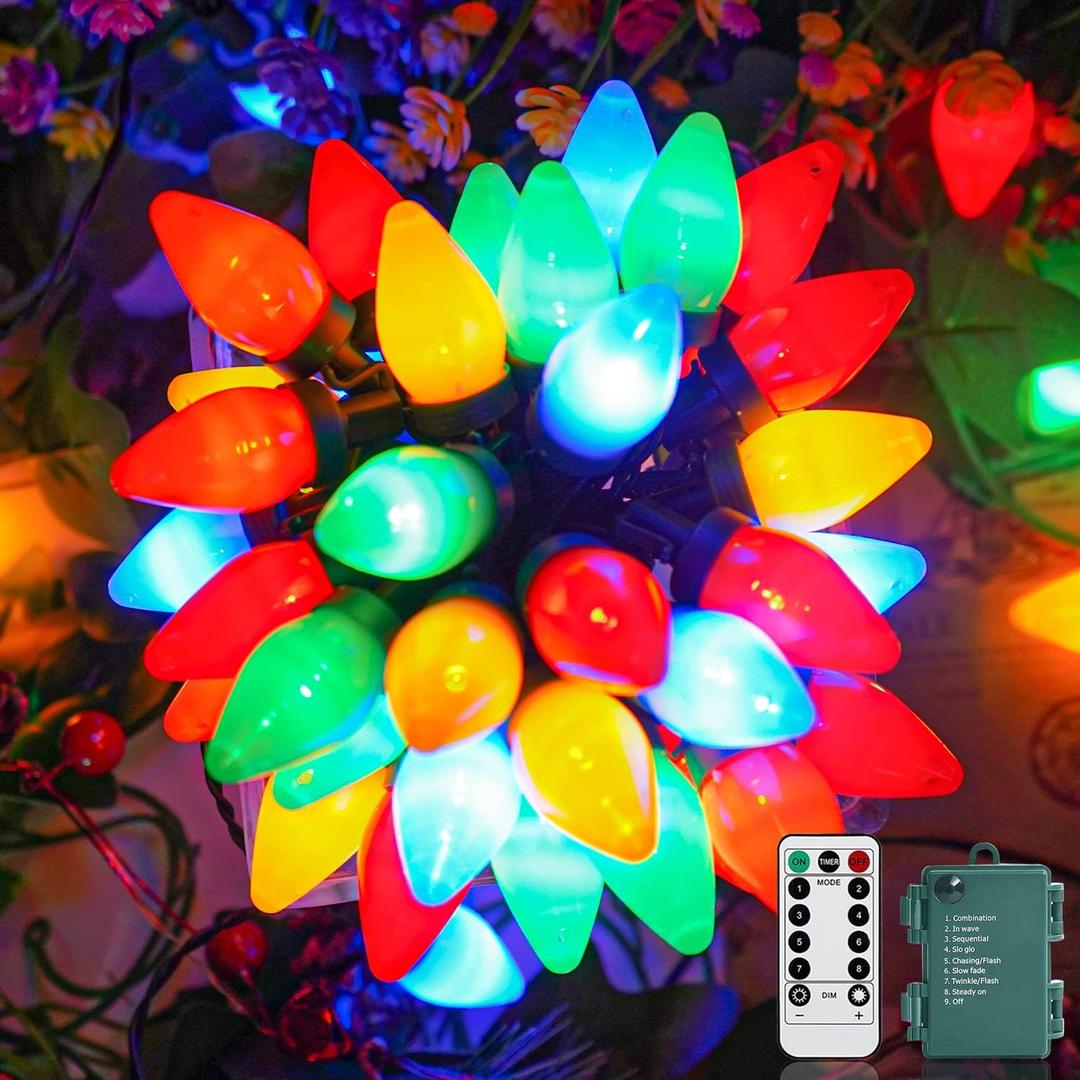 50 LED C7 Christmas Lights,24Ft C7 Christmas Lights Battery Operated String Lights Remote Timer 8 Lighting Modes for Indoor Outdoor Xmas Tree Garden Patio Party Christma Decorations