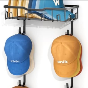 AOODA 40 Caps Hat Rack for Wall, Metal Hat Organizer Storage for Baseball Caps with Shelf and 4 Hooks Design, Hanging Cap Holder Hanger for Closet, Bedroom (Black)