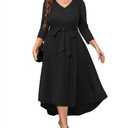 Pinup Fashion Women's Plus Size Fall Wedding Guest Dress Black Cocktail Party 3/4 Sleeve High Low Long Flowy Dresses with Pockets, Black, Size 2XL
