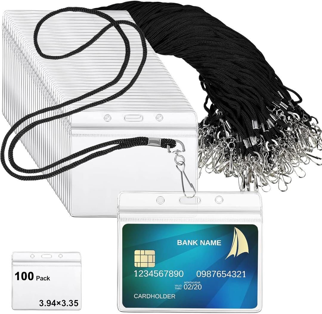 Marspark 100 Sets Lanyards with ID Badges Bulk, Clear Plastic Horizontal Name Tags Badge ID Card Holders, Flat Neck Lanyards with Swivel Hook for Adults Staff Teacher School Office Supplies(Black)