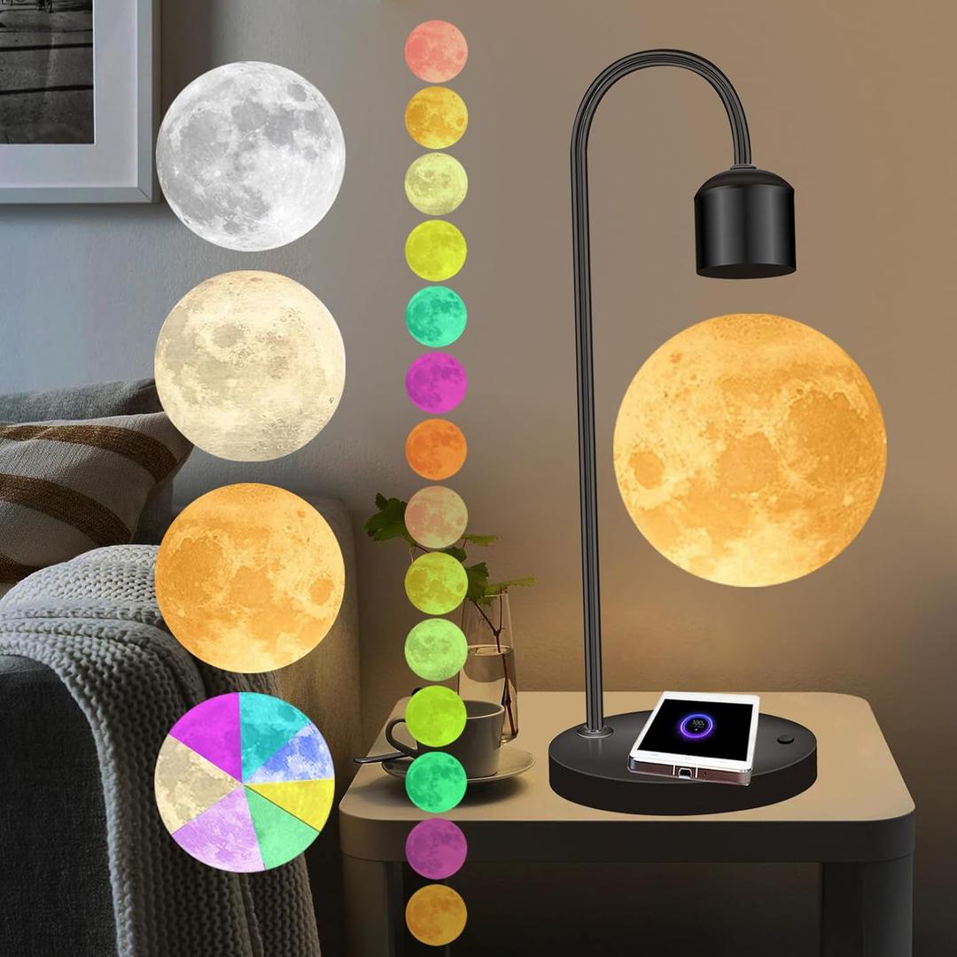 Magnetic Levitating Moon Lamp 15W Fast Phone Charger Changeable 3 Colors Switchable 300 Million Gradient Colors 3D Moon Ball Levitation Floating Mood Light Christmas Gift Office Home Decor
