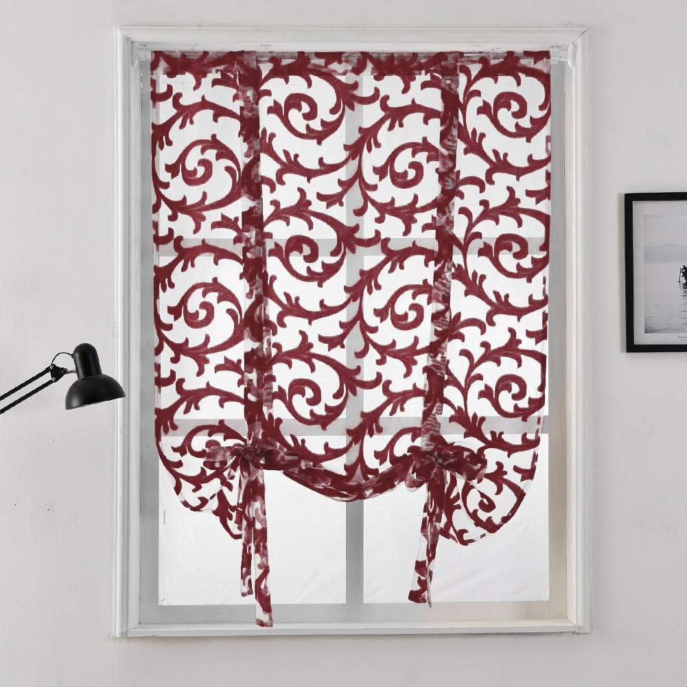 NAPEARL Tie Up Curtains Jacquard Balloon Curtains for Kitchen Window, Ajustable Rod Pocket Sheer Curtain Valance for Bathroom Small Window, 1 Panel (42W x 63L, Burgundy)
