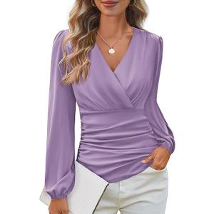 GRACE KARIN Long Sleeve Blouses for Women Dressy Casual, Elegant Wrap Tops V Neck Work Shirts, 2025 Fall Business Outfits (Medium, Pink Purple)