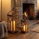 Large Farmhouse Wooden Decorative Lantern Set of 2, Rustic Brown Burnt Wood Hanging Lanterns for Indoor Outdoor Home Garden Porch Wedding Decor (No Glass)