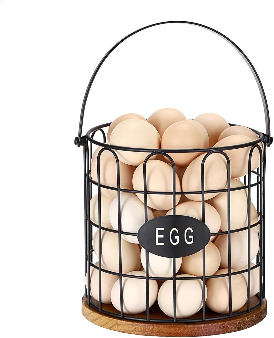 7'' Farmhouse Egg Basket for Gathering Fresh Eggs, Metal Egg Holder Countertop for Chicken Eggs, Round Metal Wire Basket with Handle & Wooden Base, Vintage Kitchen Decor(Style 1-Straight)